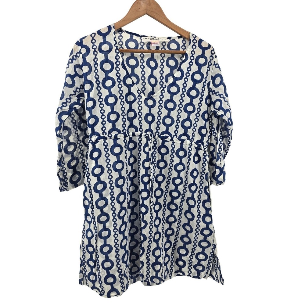 Gretchen Scott Tunic Womens Small Geometric Chain Link Blue White Cotton EUC